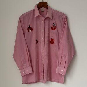 Vintage Red White Striped Ladybug Long Sleeved Button Up Shirt